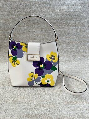Kate Spade Reegan Pansy Toss Floral Leather Bucket Bag Crossbody Purse